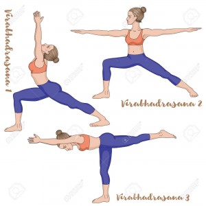 Women silhouette. Warrior 1, 2 ,3 yoga pose. Virabhadrasana 1, 2 ,3